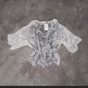 Source Unknown Sheer White Lace Camisole with Taupe Fringe